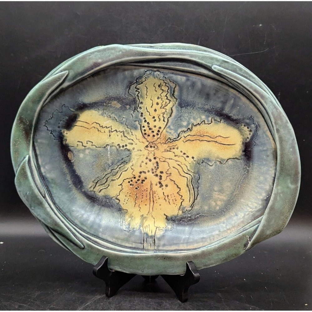 Handmade Wesleyan Pottery Floral Oval Tray Iris  14" Signed Alice Schumacher
